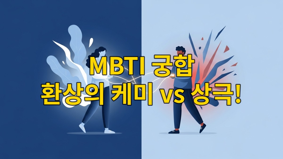 서로 다른 MBTI 유형을 가진 두 사람이 조화와 갈등을 상징하는 선들로 연결된 모습. MBTI 궁합의 복잡성과 관계의 다양성을 나타내는 그림.