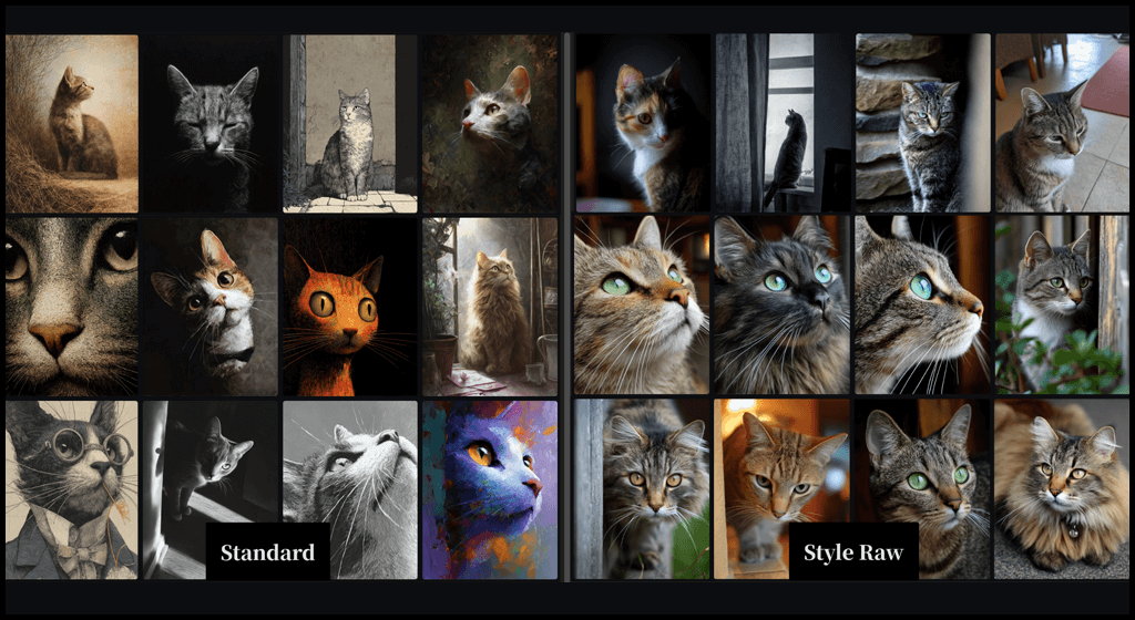 Raw vs Standard 비교_Cat 단순 프롬프트 감성차이 Midjourney