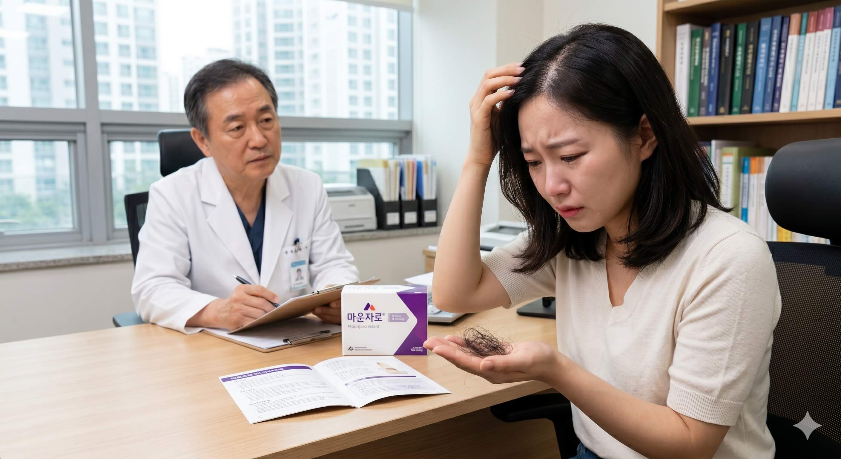 마운자로를 주사 하고 탈모를 호소 하는 사진