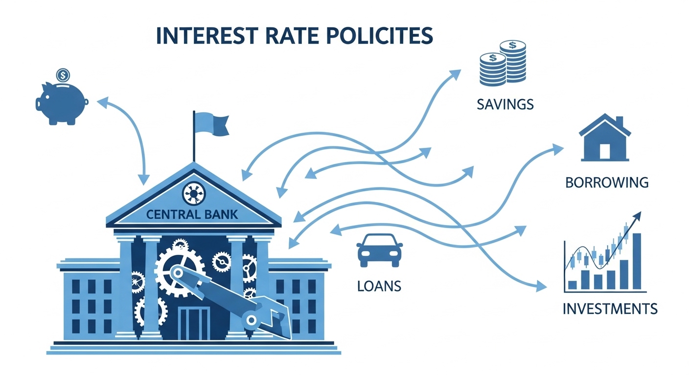 A visual metaphor for interest rate policies. Imagine a stylized central bank building with gears and levers, representing policy adjustments. Around it, lines show the impact on various economic sectors like savings, loans, and investments. Use the classic blue color scheme.