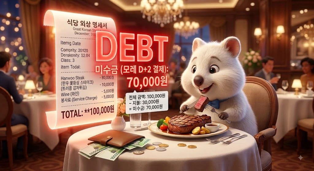 고급 식당에서 스테이크를 먹고 있는 하얀 쿼카 옆에 'DEBT, 미수금(모레 D+2 결제): 70,000원'이라고 적힌 커다란 붉은색 외상 영수증이 떠 있는 3D 일러스트. 내 자본금보다 많은 금액을 매수하는 미수 거래의 위험성을 비유함.