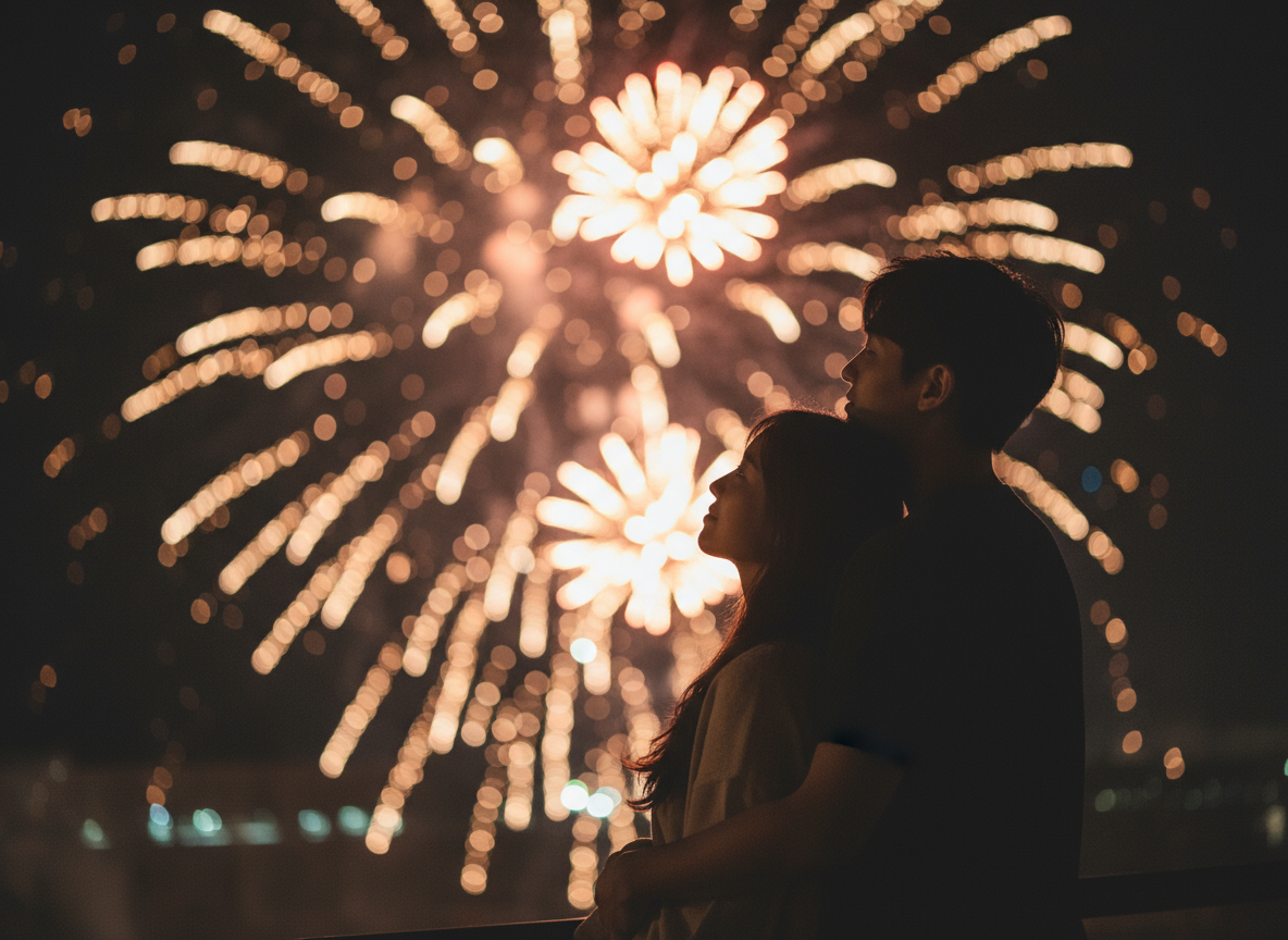 불꽃을 바라보는 20대 연인 실루엣
