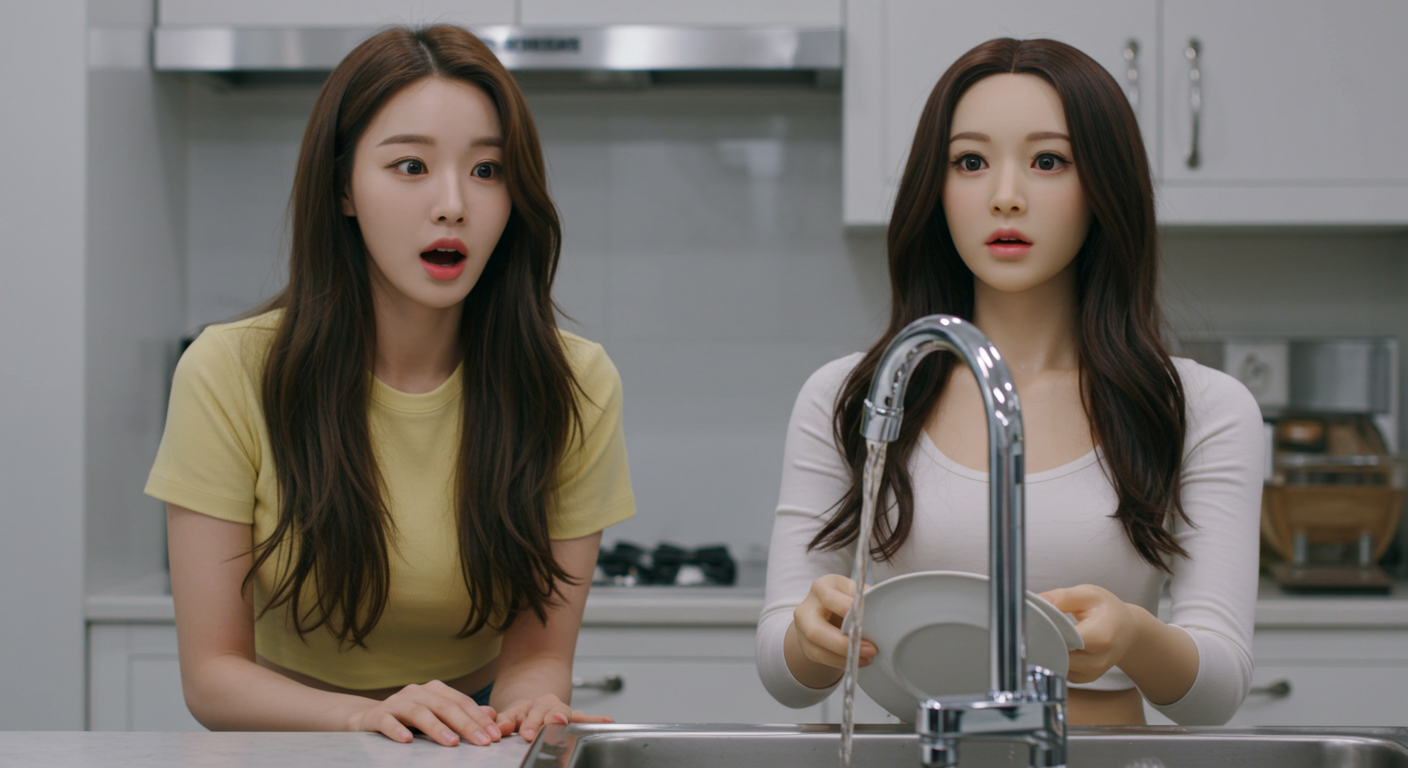 설거지하는 로봇을 보고 놀라는 여성