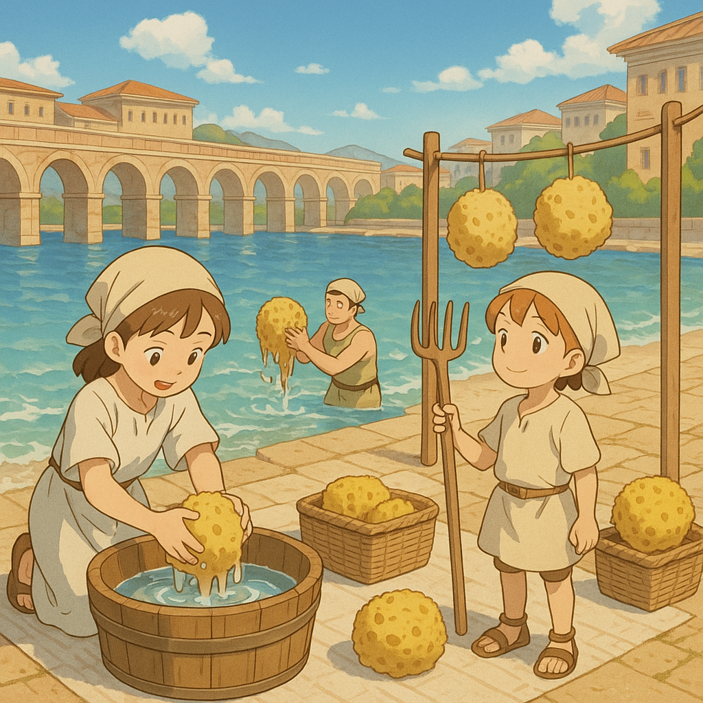 고대 마을 사람들이 해변에서 해면을 채취하고 세척하는 모습, 바구니와 해면 건조 장면이 있는 일러스트