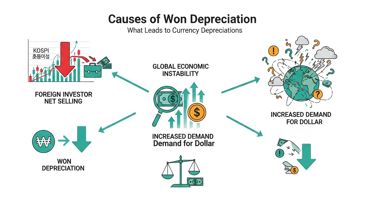 환율 급등의 주요 원인인 외국인 주식 순매도와 글로벌 경제 불안정성을 도식화한 인포그래픽.