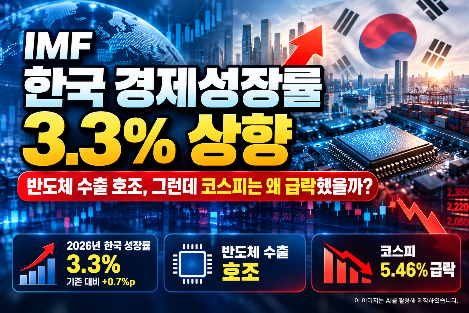 IMF의 2026년 한국 경제성장률 전망 3.3% 상향과 반도체 수출 호조, 기존 대비 0.7%포인트 상승 배경 및 코스피 5.46% 급락 원인을 분석한 이미지