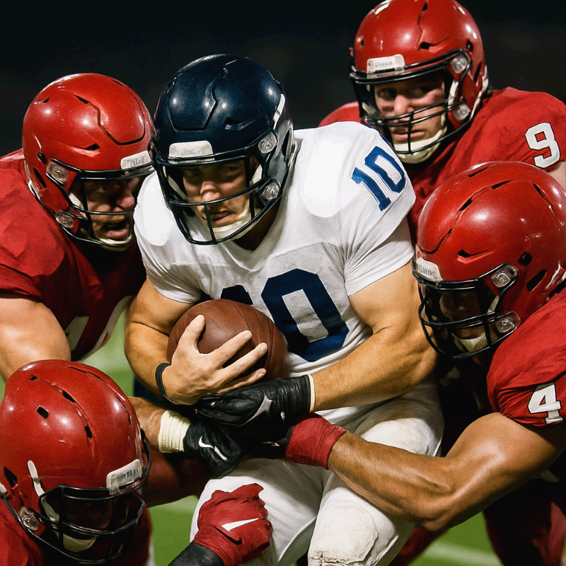 야간 경기장 조명 아래, 미식축구 경기에서 공을 차지하기 위해 격렬하게 뒤엉킨 장면.