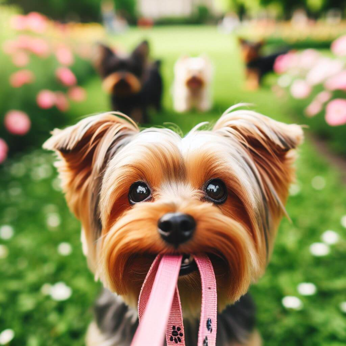 산책을 조르는 요크셔 테리어