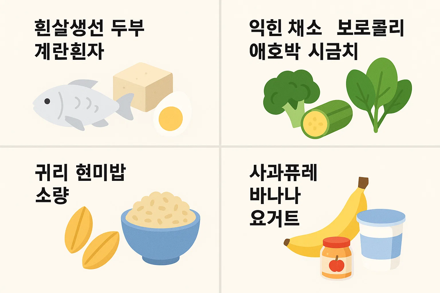 흰살생선&middot;두부&middot;계란흰자&middot;익힌 채소&middot;브로콜리&middot;애호박&middot;시금치 등 소화가 편하고 영양 균형을 돕는 췌장암 환자 추천 식품 목록을 시각적으로 정리한 인포그래픽