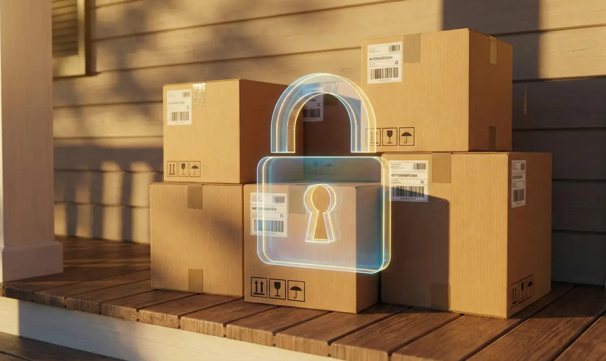 안전하게 배송된 해외 직구 택배 박스와 개인정보 보호를 상징하는 자물쇠 이미지