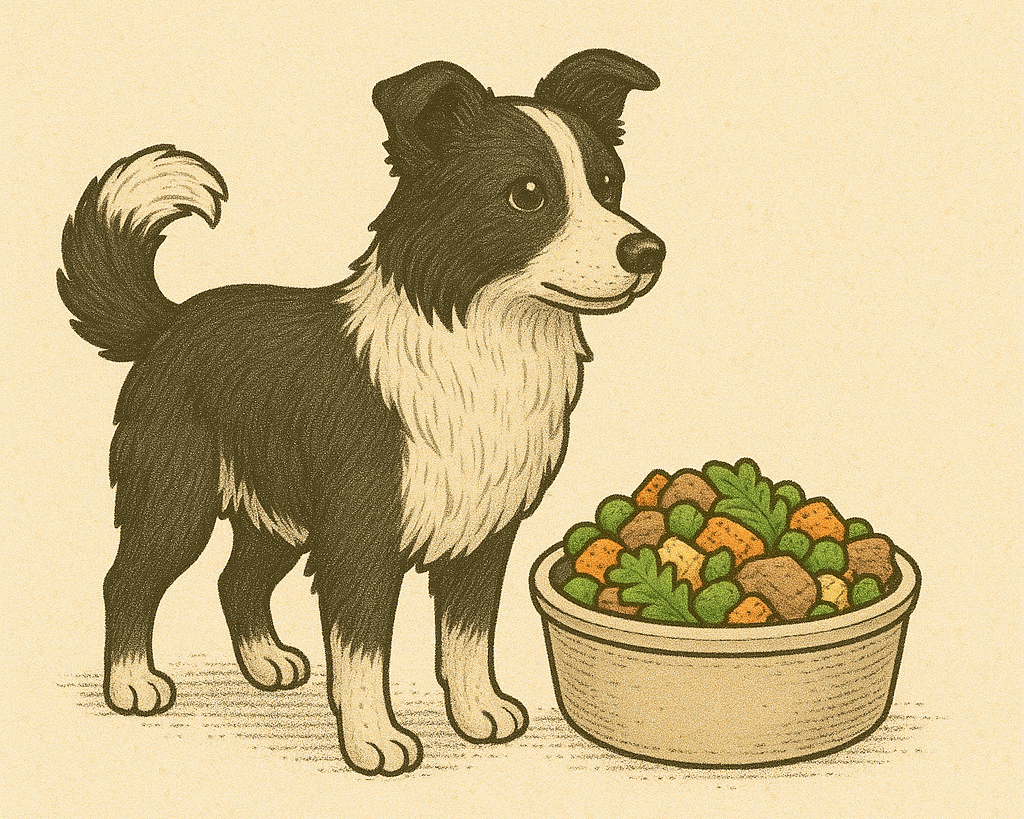 보더콜리로 보이는 견종 앞에 수제식인 화식이 밥그릇에 쌓여있음.