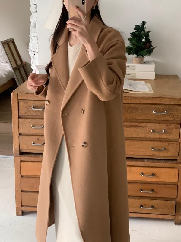 루어스룸 자체제작 미엘 울100 캐시미어 여성 루즈핏 더블버튼 오버핏 롱 핸드메이드 코트 카멜