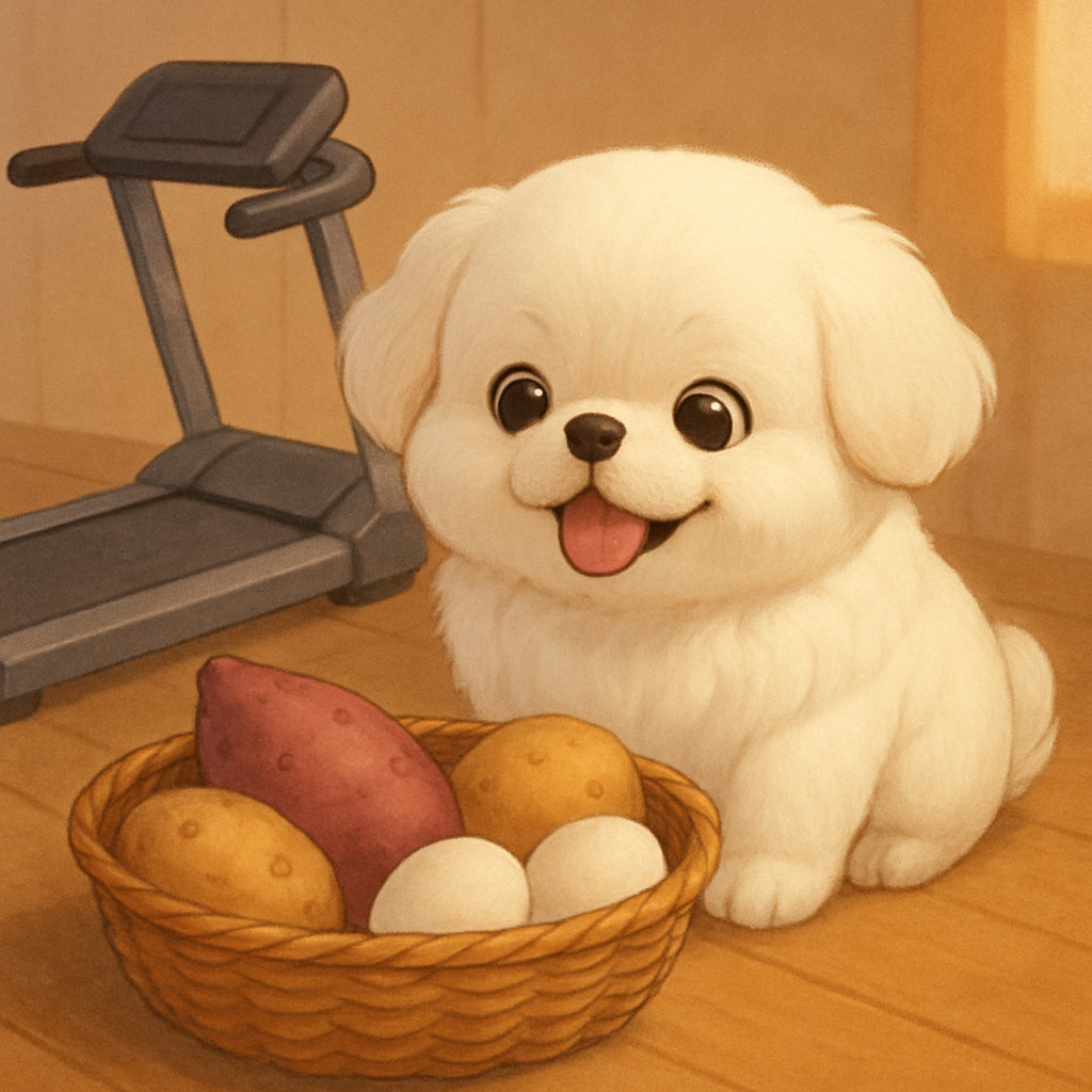 간식으로 주로 챙겨 주는 
고구마 감자 계란
흔하게 먹이는 간식중의 하나
행복해 하는 강아지 그림