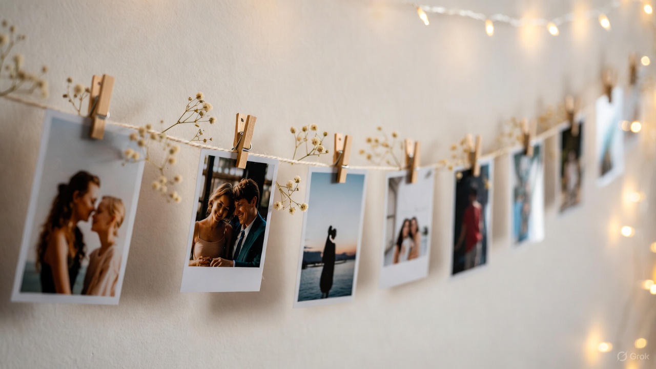 지난 추억 사진과 드라이플라워로 꾸며진 따뜻한 감성의 포토카드 갈란드