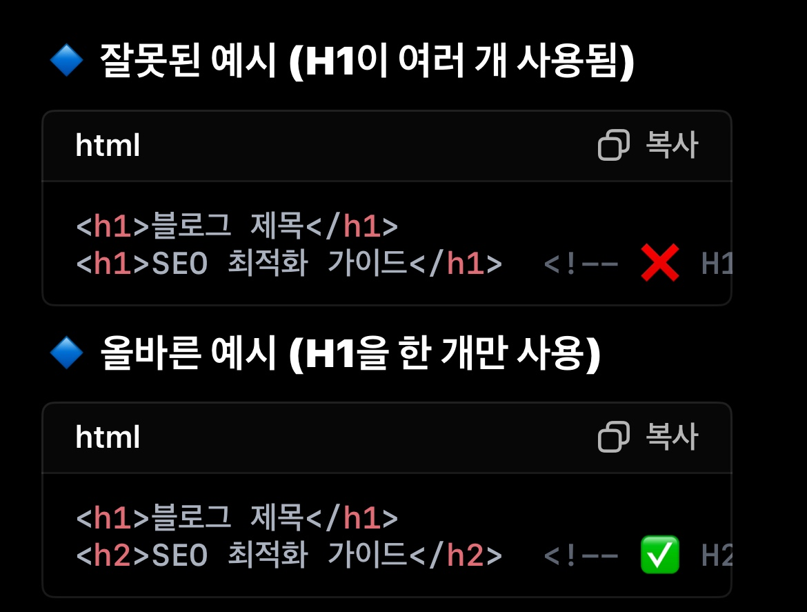 잘못된예시(h1)와 올바른 예시