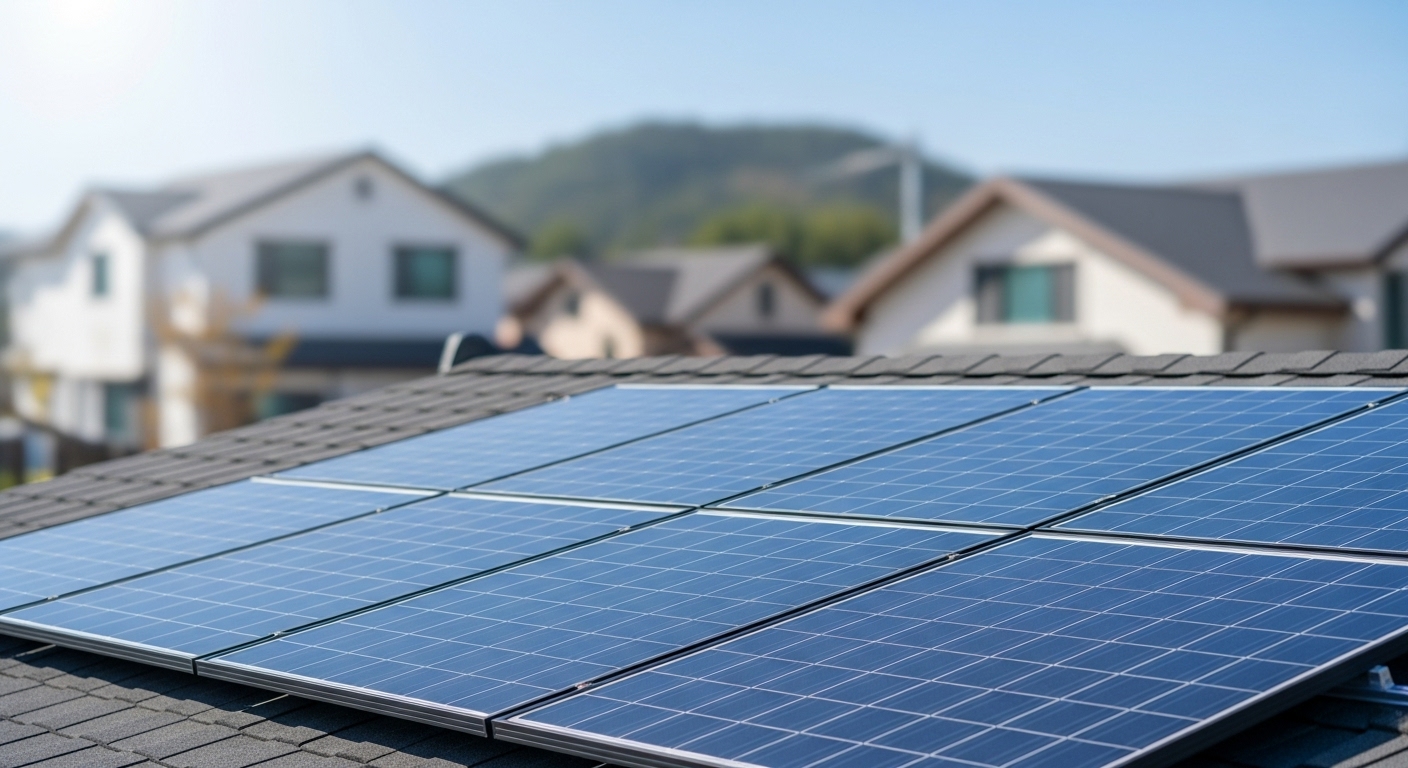 한국 주택 지붕에 설치된 깨끗하고 효율적인 가정용 태양광 패널의 모습.