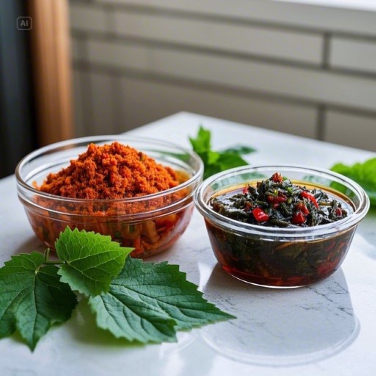 "식탁 위에 놓인 두 개의 유리 용기, 한쪽에는 빨간 고춧가루가 들어간 백종원식 깻잎김치, 다른 한쪽에는 맑은 간장색의 전통 깻잎김치가 담겨있고, 신선한 깻잎 몇 장이 옆에 놓여있는 모습. 자연광이 들어오는 깔끔한 주방 배경"