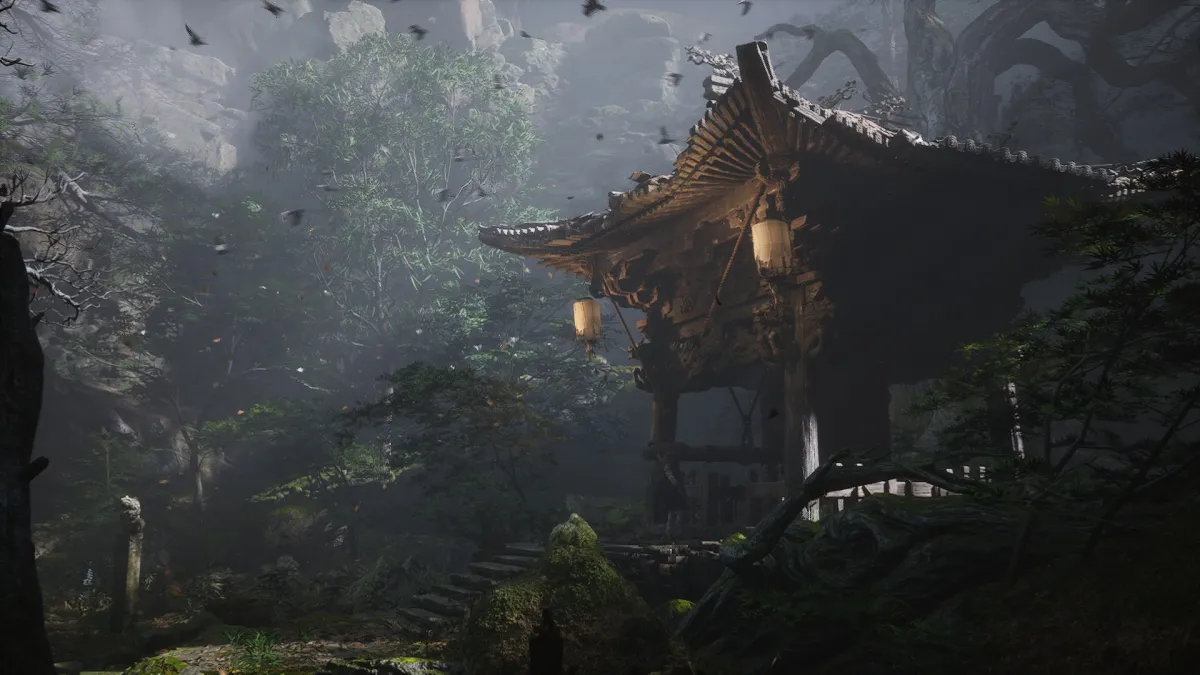 숲-속-사당에-있는-큰-종