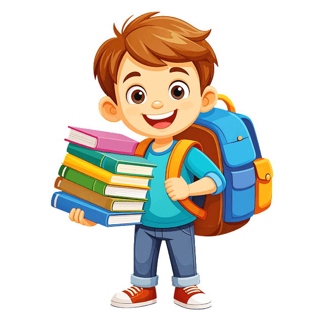 하늘색 백가방을 맨 초등학생 남자아이가 여러권의 책들을 오른손에 들면서 웃고 있다.