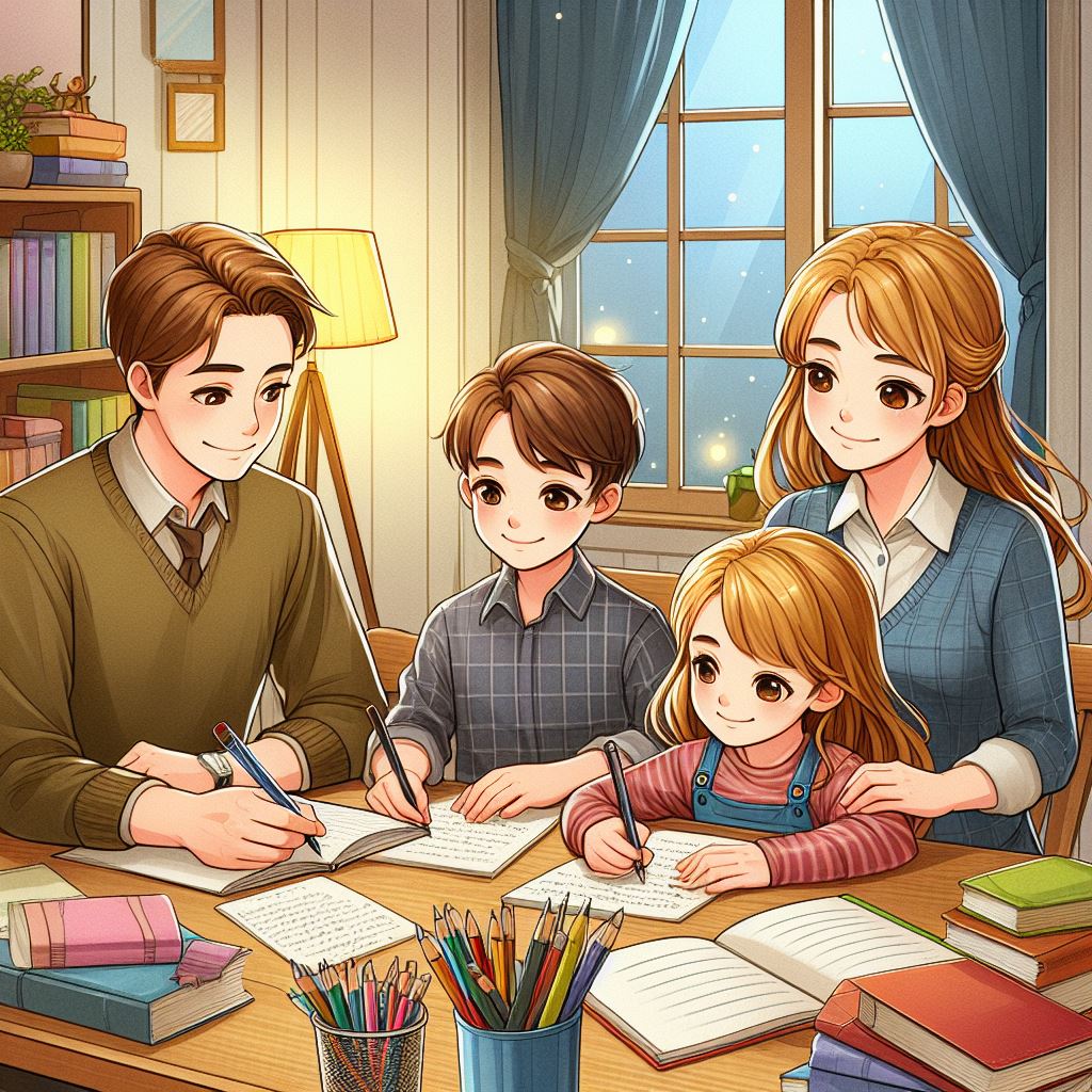 가족과 함께 시 쓰는 모습