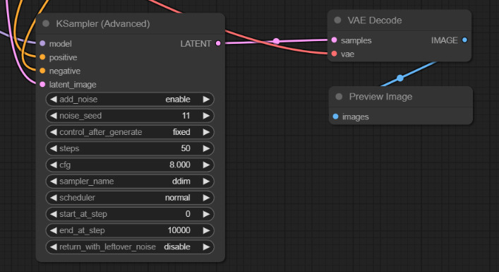 고급 KSampler / VAE Decode / Preview Image 노드간의 연결
