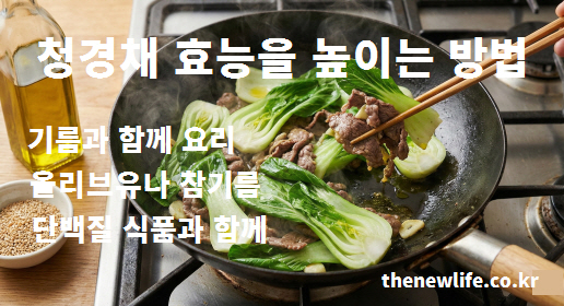기름과 함께 요리하여 베타카로틴 흡수율을 높이고 단백질과 찰떡궁합인 청경채 섭취 방법 인포그래픽