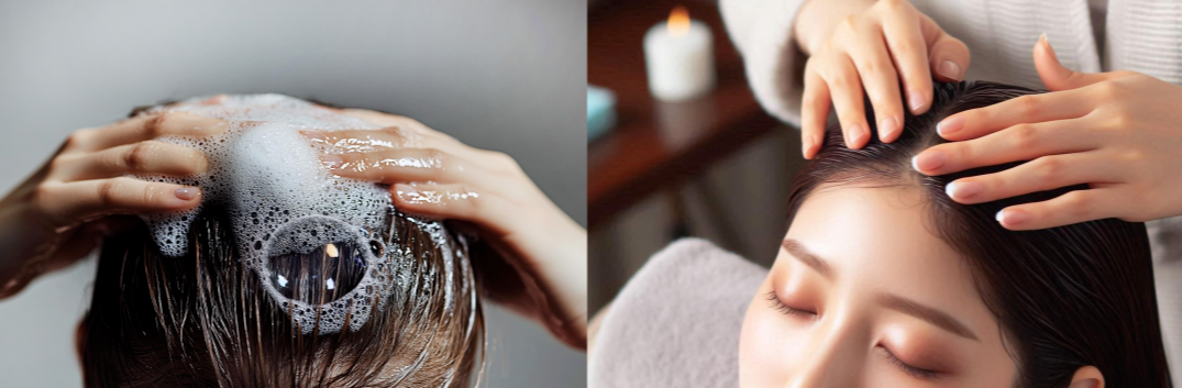 두피 건강을 위한 샴푸 세정 장면과 두피 마사지 장면을 함께 보여주는 이미지로, 탈모 예방에 효과적인 두피 관리법을 시각적으로 전달함