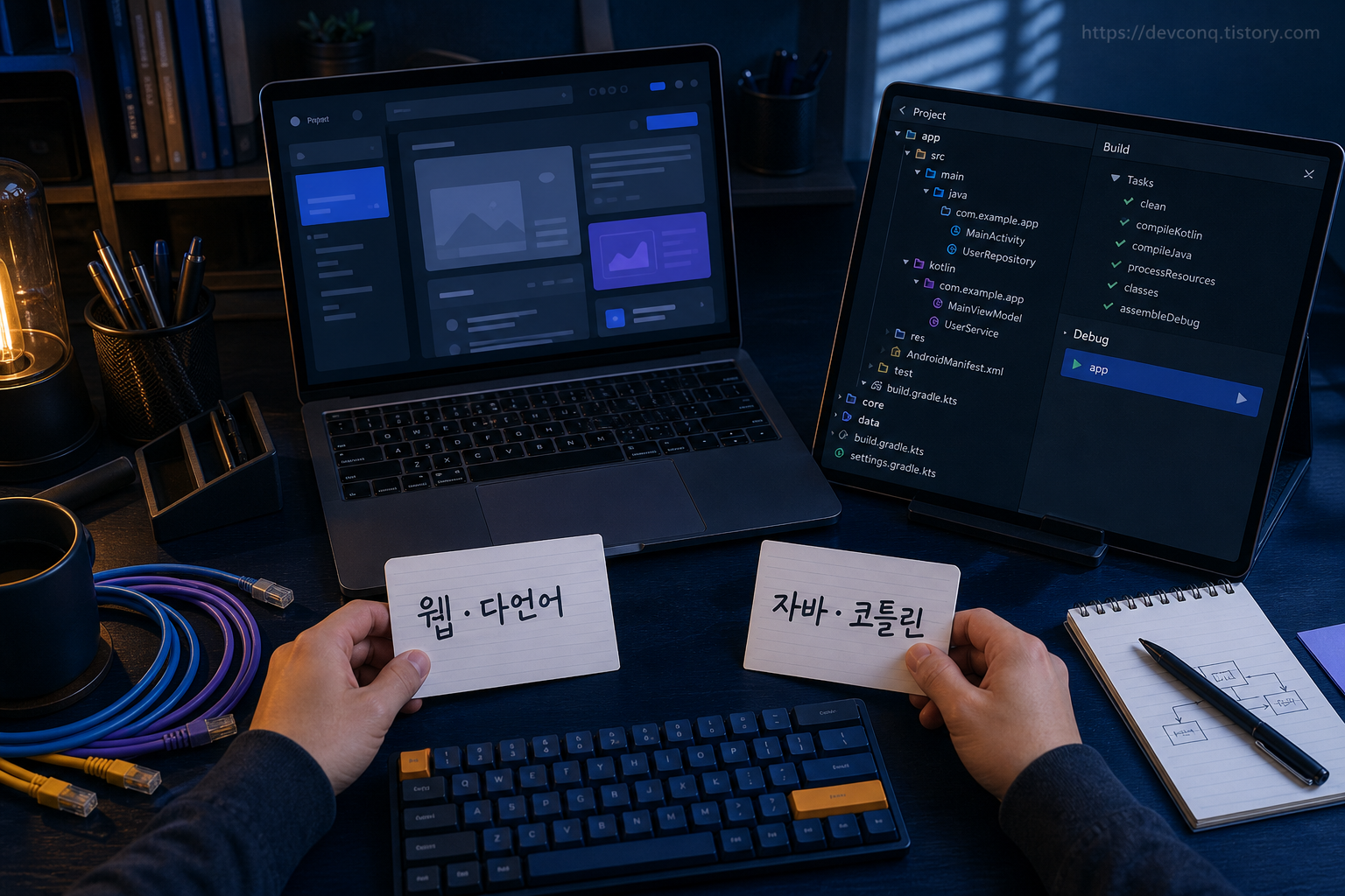 웹 개발 프로젝트와 Java·Kotlin 프로젝트 앞에서 개발 도구를 선택하는 개발자 작업대