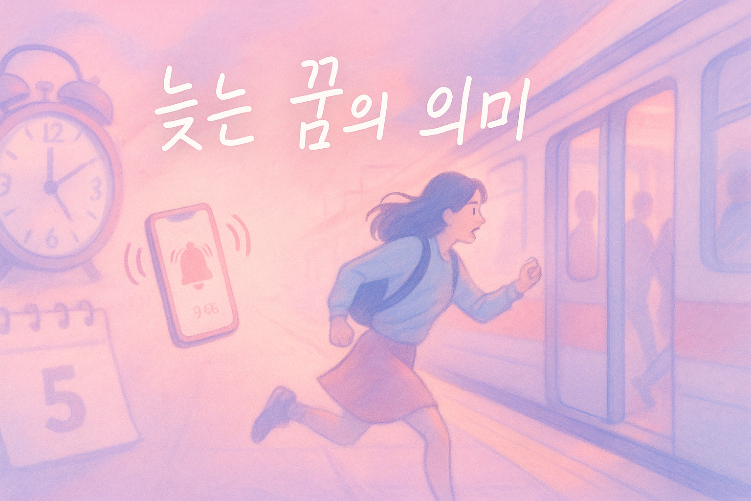 몽환적인 파스텔톤 일러스트로, 시계를 들고 버스를 향해 뛰어가는 인물이 표현된 장면