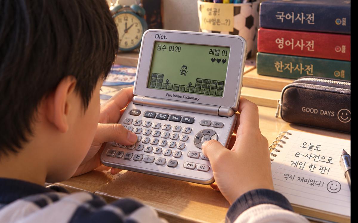 문제집을 펼쳐 둔 채 전자사전을 들고 게임을 하는 학생의 모습
