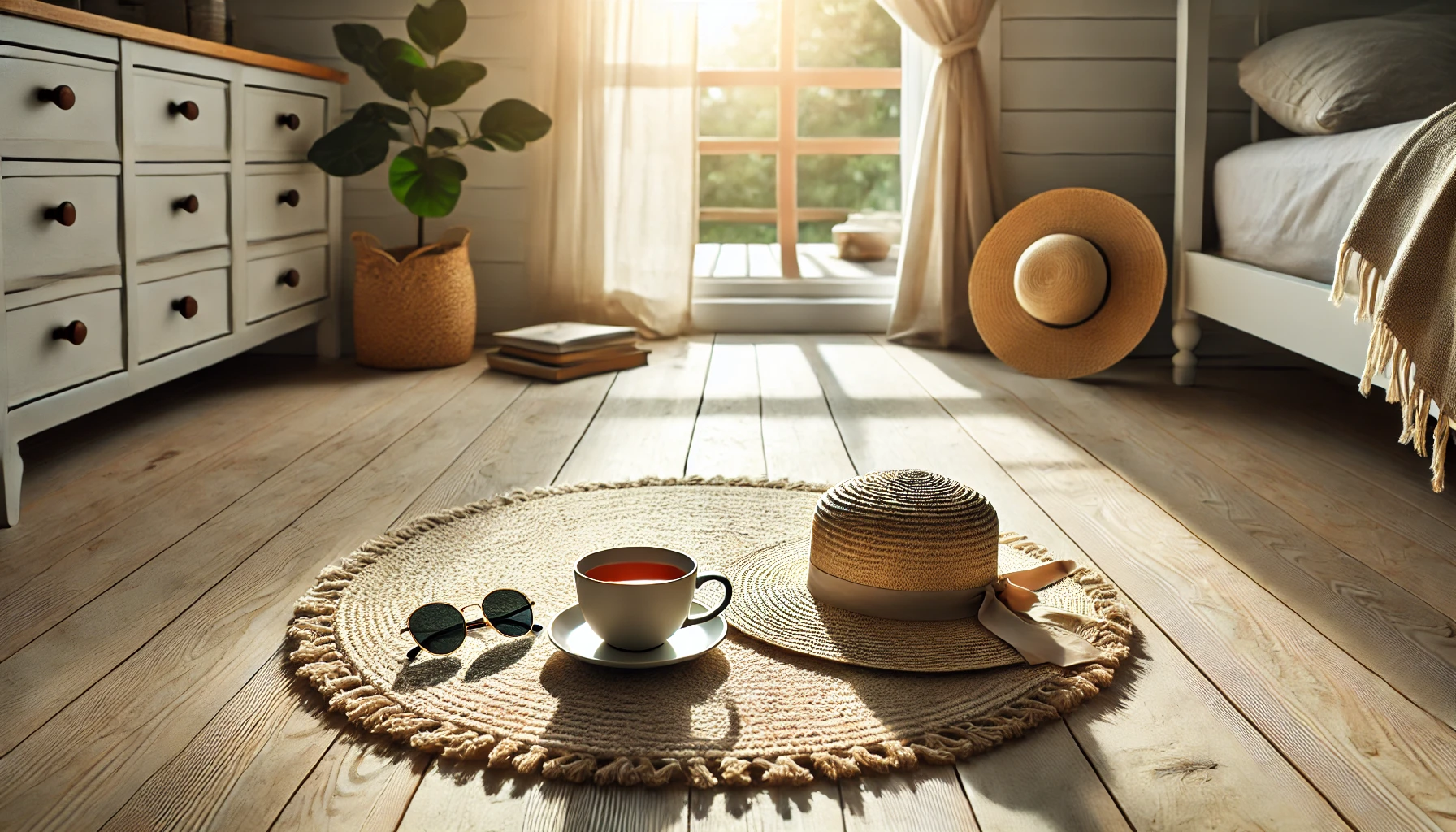 여름 아침 햇살이 비치는 실내, 따뜻한 차가 담긴 머그컵과 밀짚모자, 선글라스가 놓인 평온한 분위기의 장면