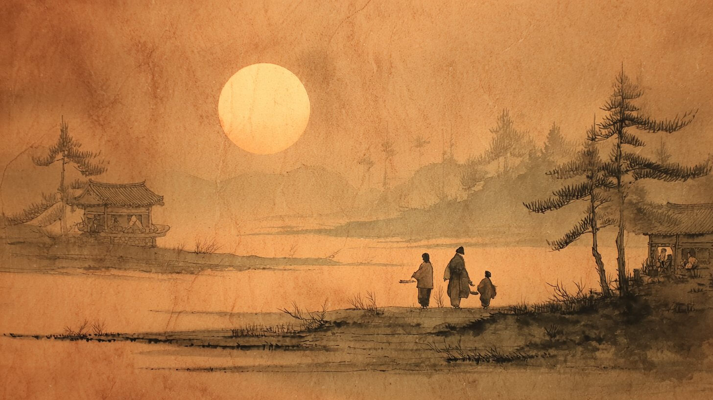 따뜻한 색감으로 표현된 추석 명절 가족 풍경