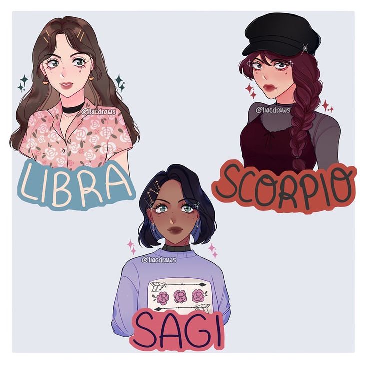 천칭자리, 전갈자리, 사수자리 특징을 담은 소녀 일러스트들.