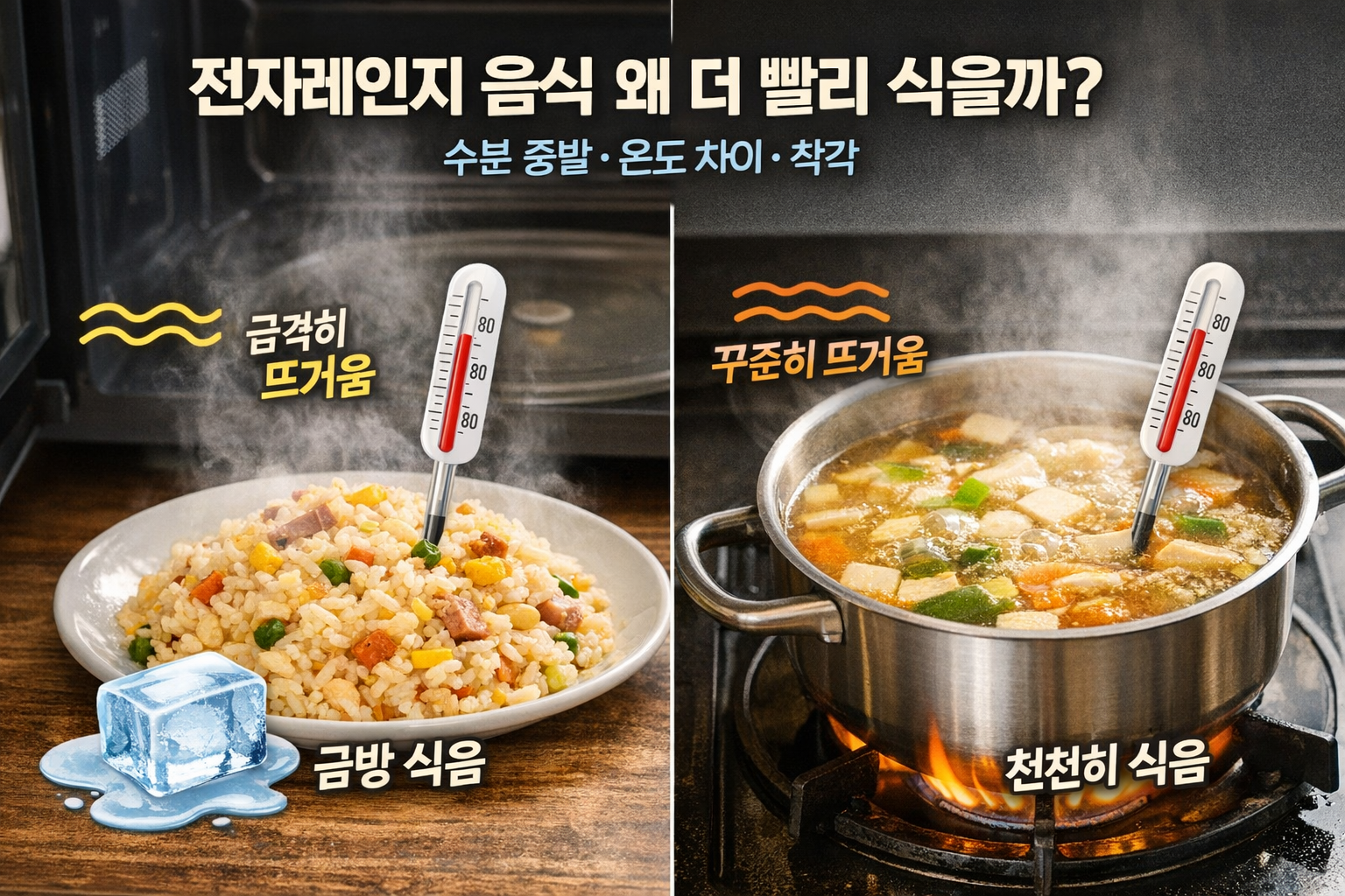 전자레인지 돌린 음식이 더 빨리 식는 이유 (수분,온도,착각)