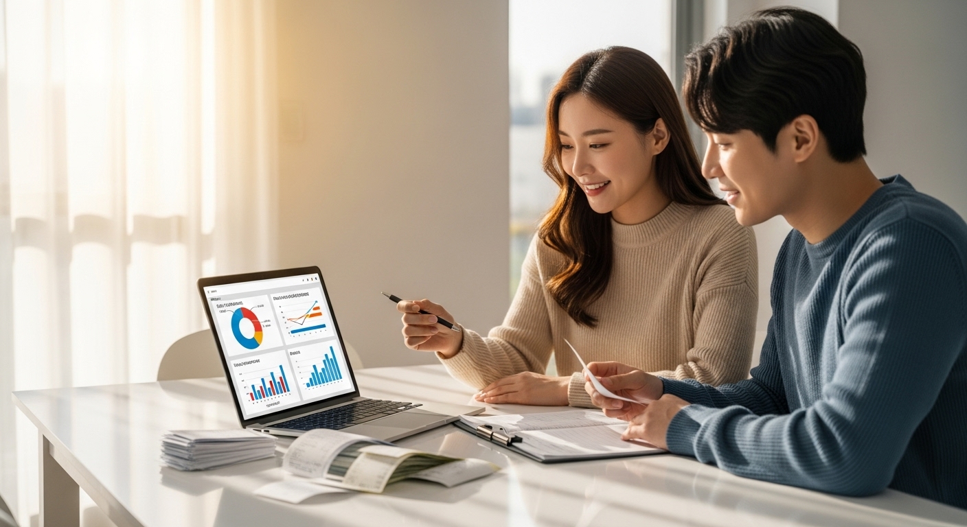 2025년 연말정산을 미리 준비하는 한국인 부부가 밝은 식탁에서 노트북과 영수증을 정리하는 모습