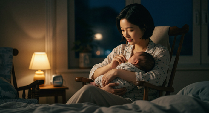 엄마가 아기 밤중수유 하는 장면