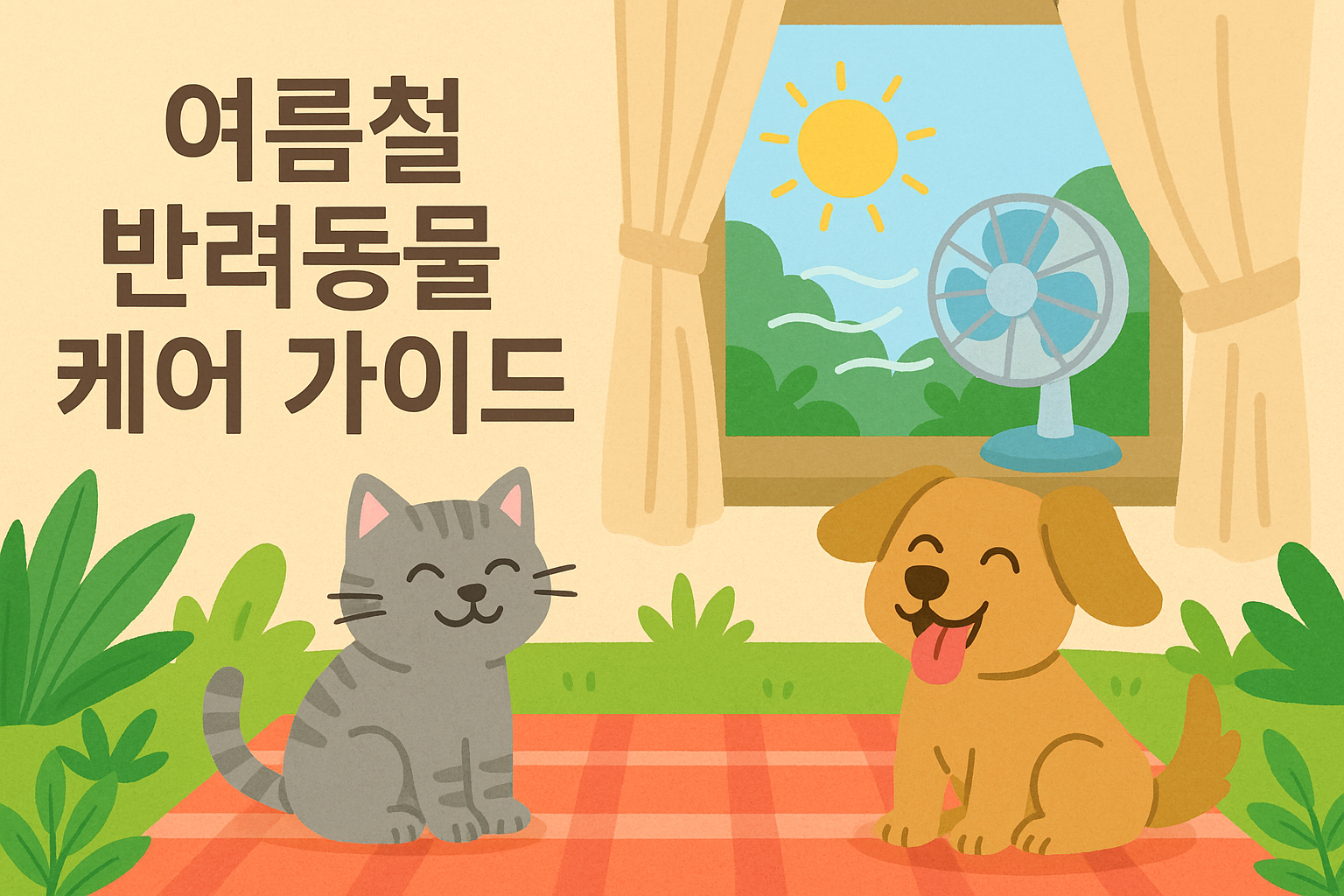 고양이와 강아지가 선풍기 앞에서 여름을 보내는 장면, '여름철 반려동물 케어 가이드' 문구 포함한 일러스트