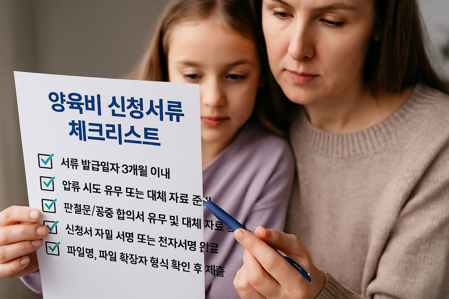 양육비 신청서류를 확인하는 엄마와 아이의 모습