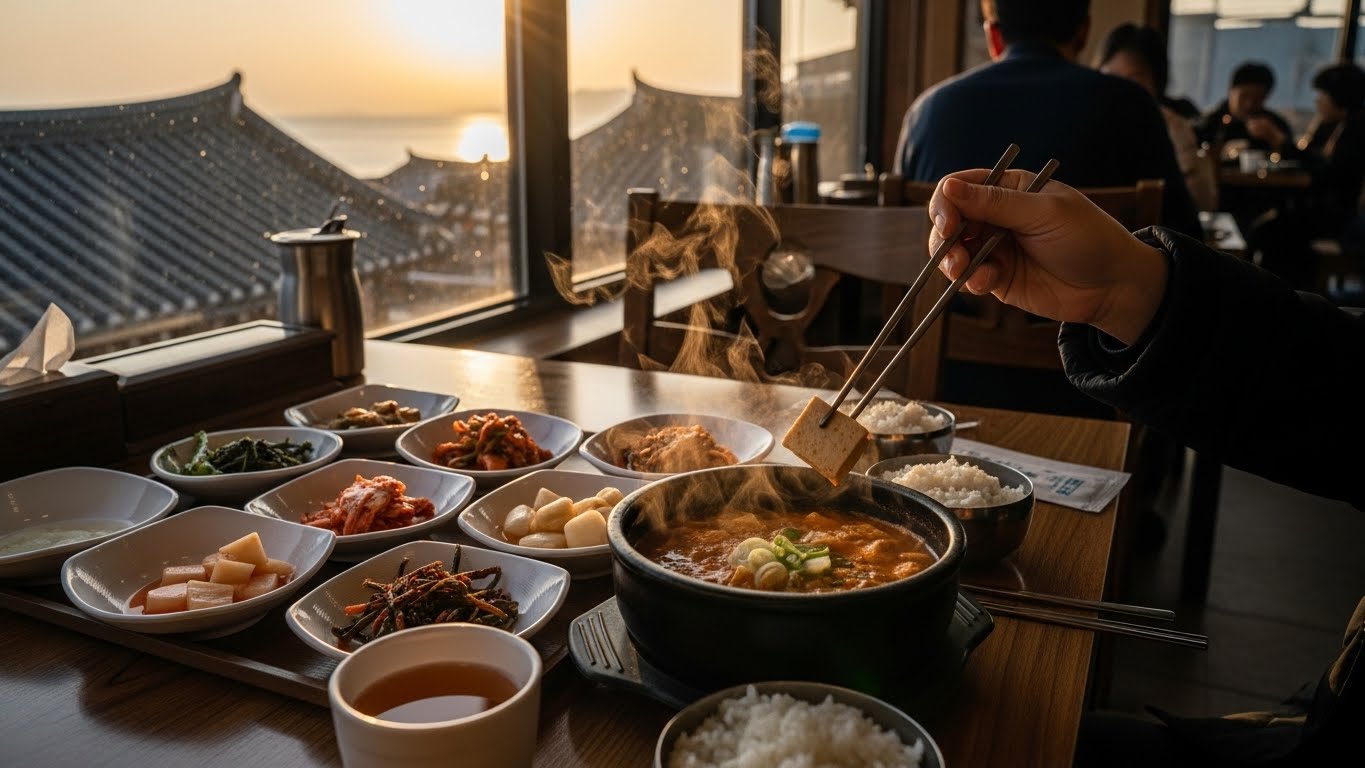 창밖에 일출을 배경으로 초당 순두부를 먹고 있는 모습