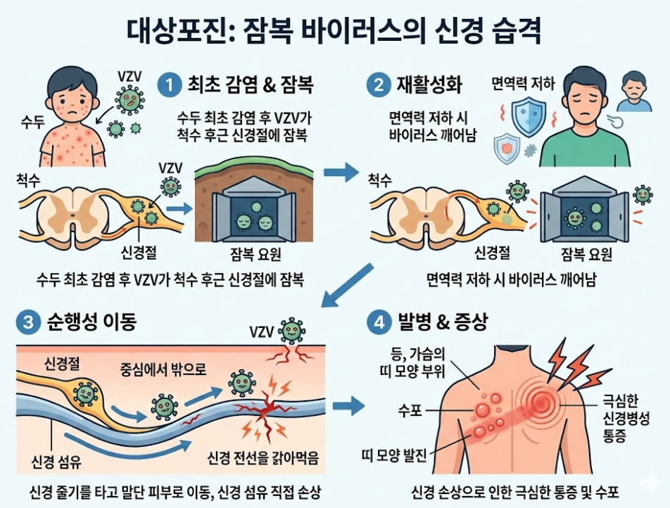 수두 바이러스(VZV)가 신경절에 잠복 후 재활성화되어 신경을 따라 피부 발진을 일으키는 대상포진 발생 과정