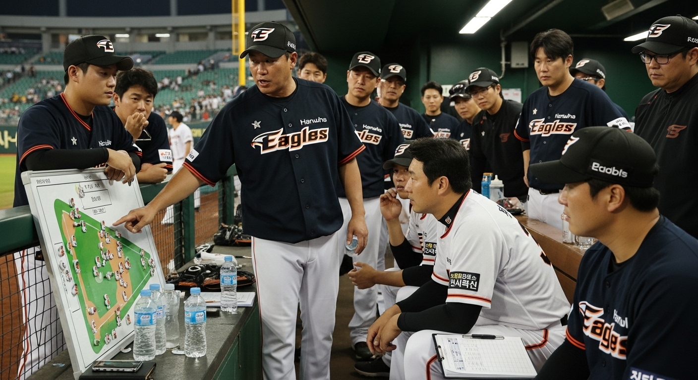 한화 이글스 코치진과 선수들이 더그아웃에서 경기 전략을 논의하는 모습.