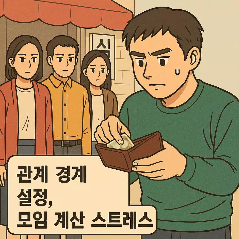 모임 후 식당 앞에서 지갑을 꺼내 계산하는 사람과 지켜보는 사람들, 관계 경계 설정, 모임 계산 스트레스