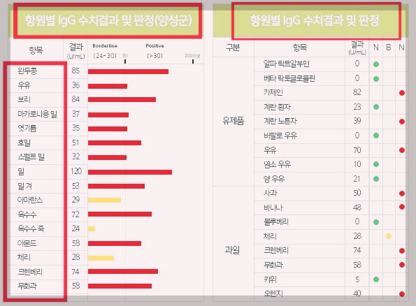 항원별 수치결과 판정