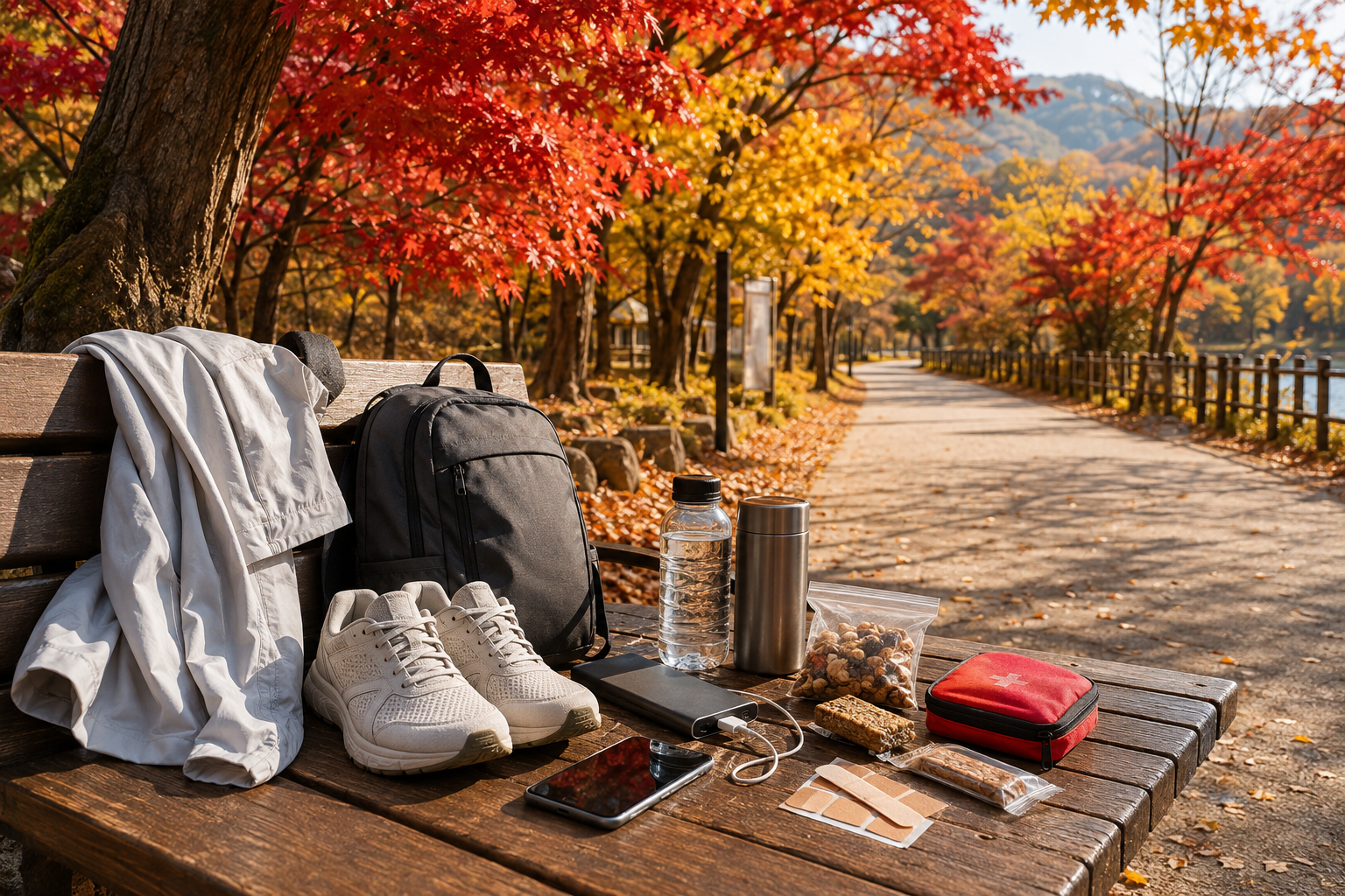 가을 단풍 여행용 바람막이와 운동화, 보조배터리, 물이 놓인 모습