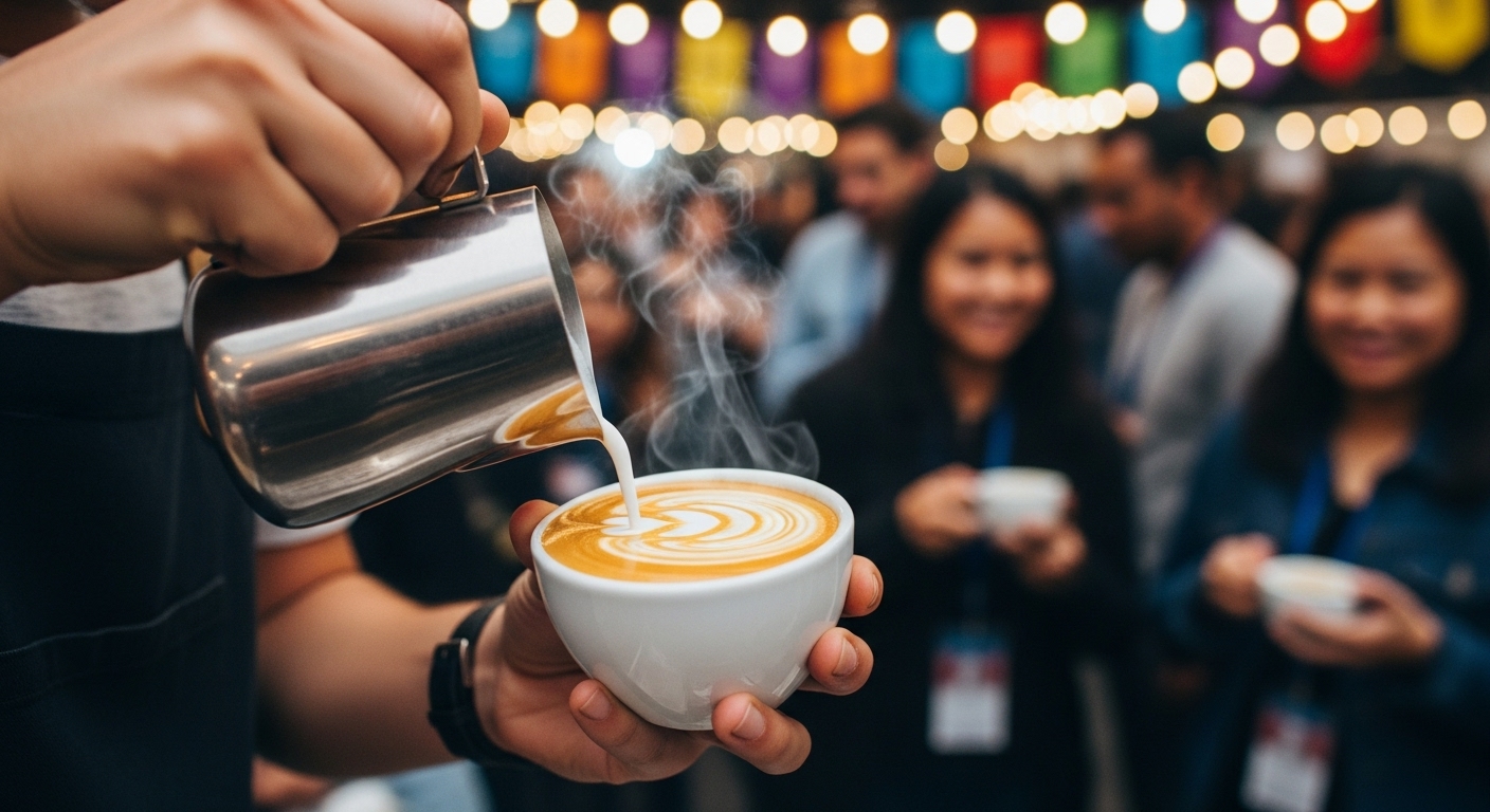 강릉커피축제에서 바리스타가 라떼 아트를 만들고 있는 모습, 섬세한 커피 기술이 돋보임