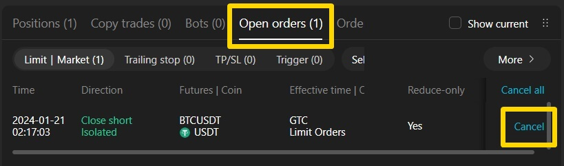 Open orders 탭을 들어가서 내용을 확인하고, 취소를 위한 'Cancel' 버튼을 나타내고 있다.