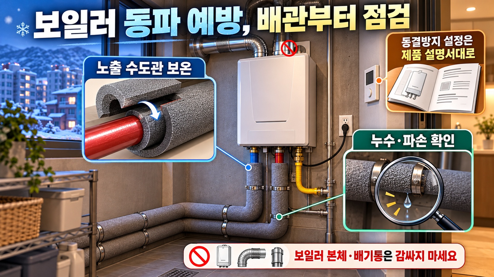 수도관 단열재 단면과 누수 점검, 제품 설명서 확인을 안내하는 보일러 동파 예방 인포그래픽