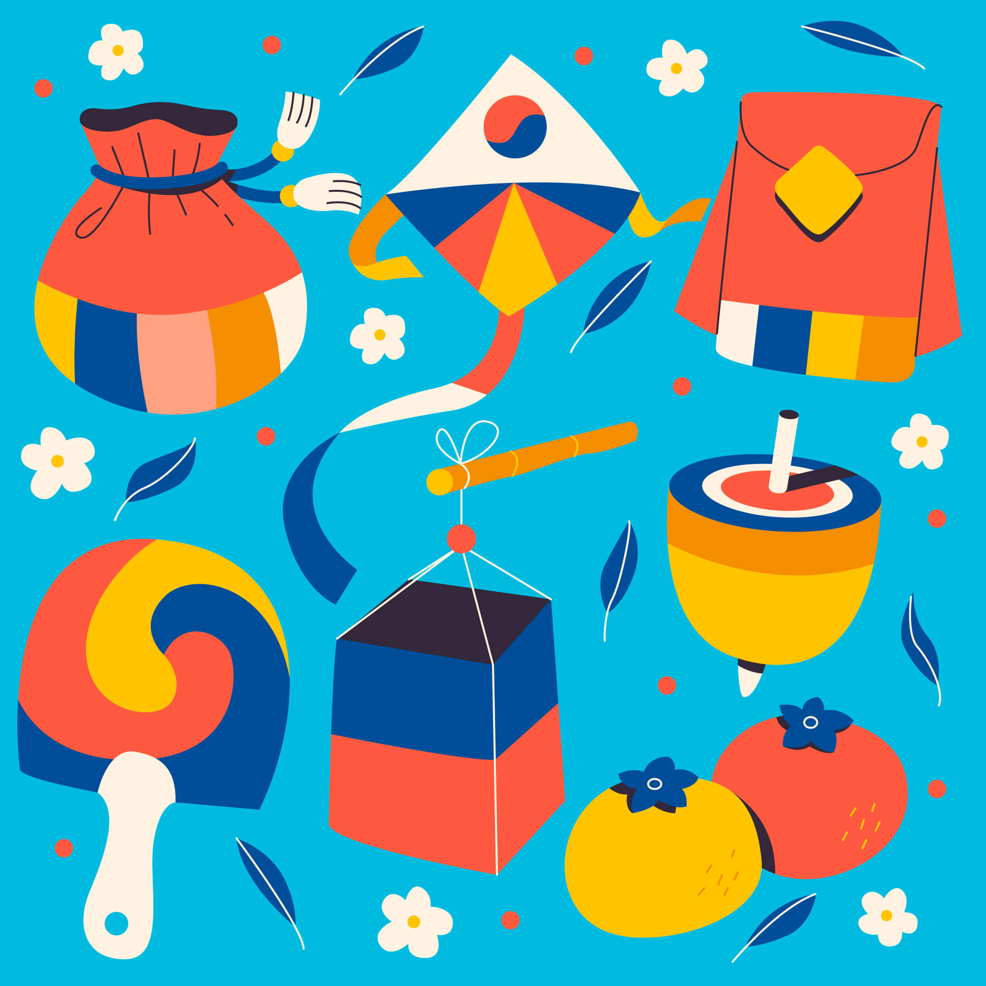 설 명절: 복주머니, 연, 팽이