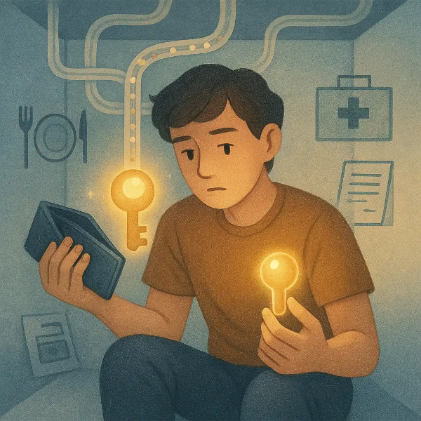 비상금대출의 필요성을 느끼며 고민하는 인물의 모습과 해결책을 상징하는 아이콘