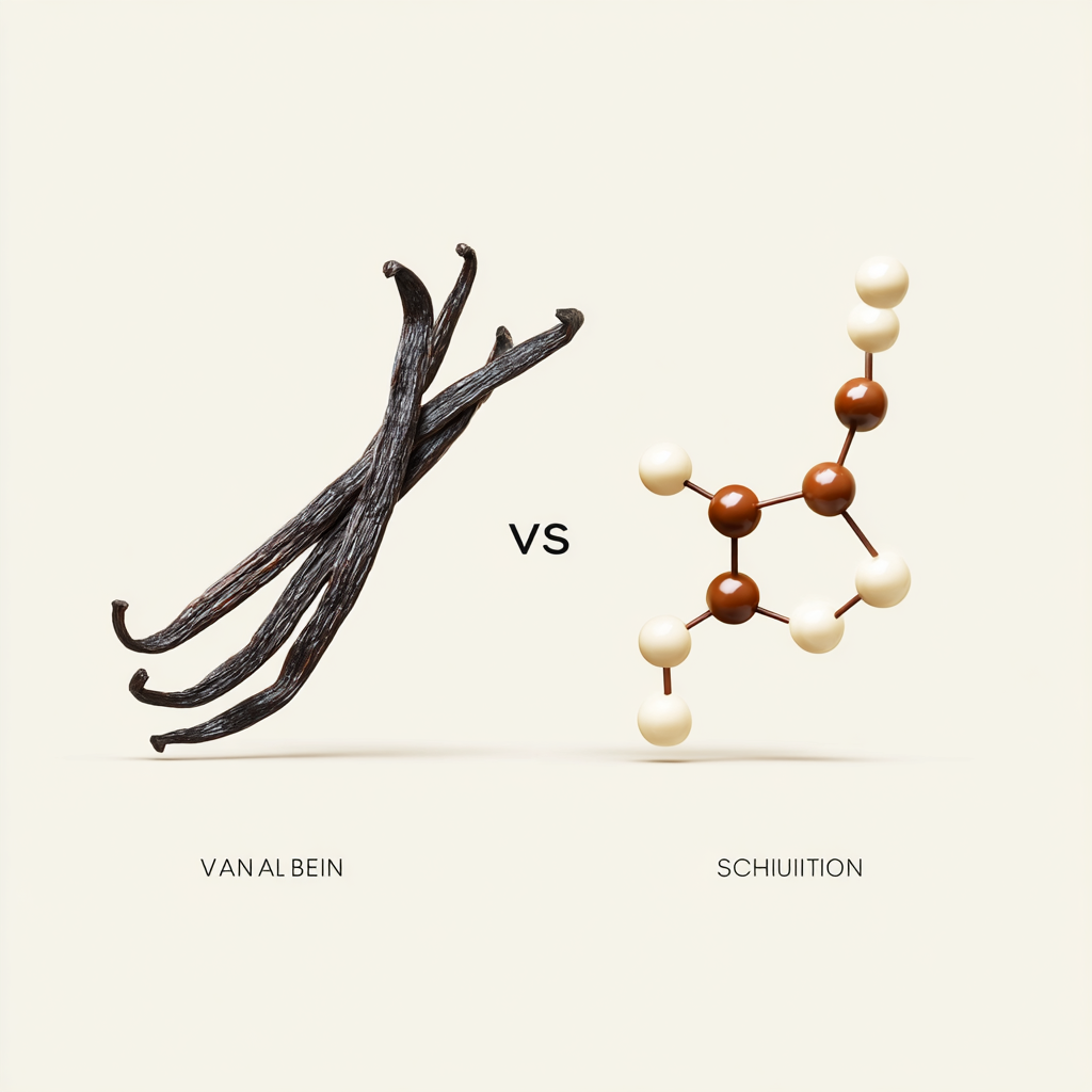 천연 바닐라와 합성 바닐린의 분자 구조와 성분 비교 인포그래픽